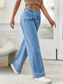 SHEIN Essnce High Waist Wide Leg Jeans - Light Wash - View 4