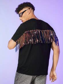 FeverCity 男士亮片拼接流蘇邊T恤無項鏈 - 黑色 - 查看 1