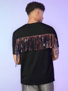 FeverCity 男士亮片拼接流蘇邊T恤無項鏈 - 黑色 - 查看 2