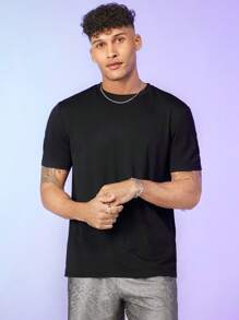 FeverCity 男士亮片拼接流蘇邊T恤無項鏈 - 黑色 - 查看 5