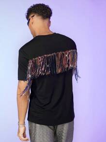 FeverCity 男士亮片拼接流蘇邊T恤無項鏈 - 黑色 - 查看 6