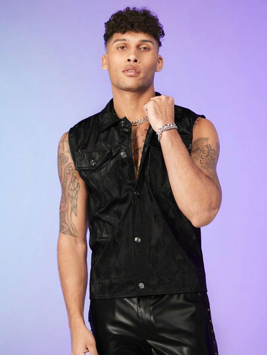 FeverCity Áo khoác Nam Túi Nút phía trước màu trơn Đường phố - màu đen - Xem 1