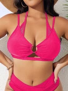Celure Plus Ring Linked Halter Bikini Top - Watermelon Pink - View 1