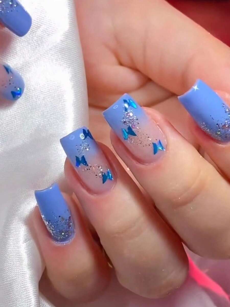 Elevate Your Style With 24pcs Long Square Butterfly Pattern Full Cover Fake Nail Set Press On Nails Nail Supplies - Multicolor - View 1