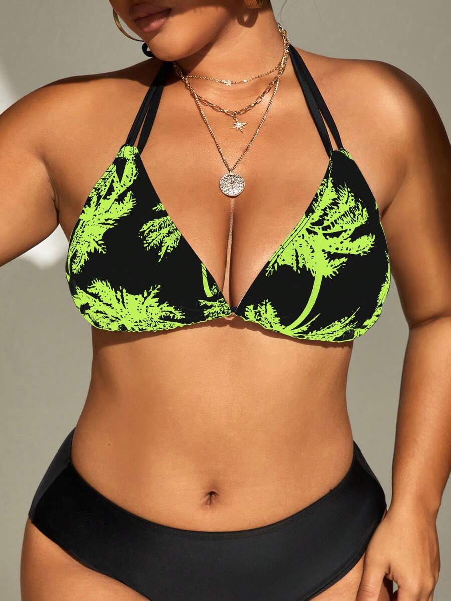 SHEIN Swim Curve Top bikini triángulo con estampado tropical halter - Verde Lima - Ver 1