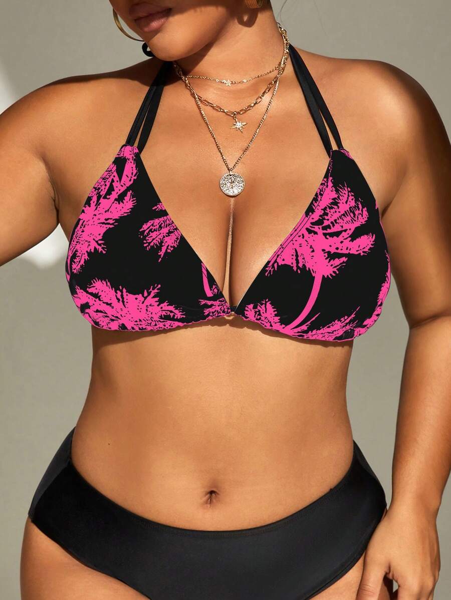 SHEIN Swim Curve Top bikini triángulo con estampado tropical halter - Rosa Fucsia - Ver 1