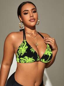 SHEIN Swim Curve Top bikini triángulo con estampado tropical halter - Verde Lima - Ver 4