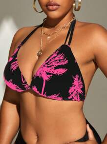 SHEIN Swim Curve Top bikini triángulo con estampado tropical halter - Rosa Fucsia - Ver 3