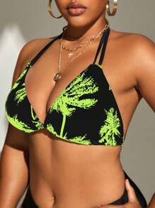 SHEIN Swim Curve Top bikini triángulo con estampado tropical halter - Verde Lima - Ver 5