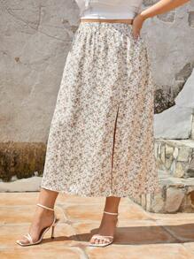 SHEIN Frenchy Plus Ditsy Floral Print Split Thigh Skirt - Apricot - View 3