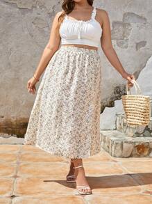 SHEIN Frenchy Plus Ditsy Floral Print Split Thigh Skirt - Apricot - View 4