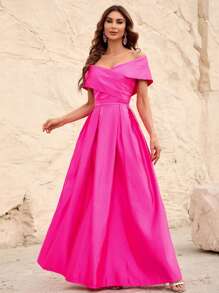 一字肩褶皺細節緞面正式連衣裙 - 玫紅色 - 查看 1