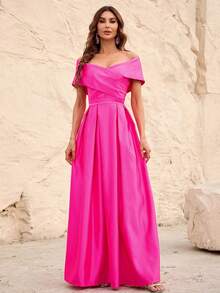 一字肩褶皺細節緞面正式連衣裙 - 玫紅色 - 查看 5