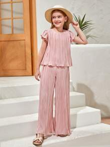 SHEIN Conjunto para niña preadolescente de blusa con mangas de mariposa y pantalones de piernas anchas - Rosa vieja - Ver 1