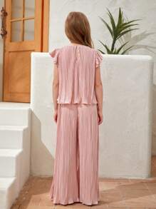 SHEIN Conjunto para niña preadolescente de blusa con mangas de mariposa y pantalones de piernas anchas - Rosa vieja - Ver 2