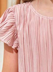 SHEIN Conjunto para niña preadolescente de blusa con mangas de mariposa y pantalones de piernas anchas - Rosa vieja - Ver 3