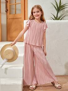 SHEIN Conjunto para niña preadolescente de blusa con mangas de mariposa y pantalones de piernas anchas - Rosa vieja - Ver 5