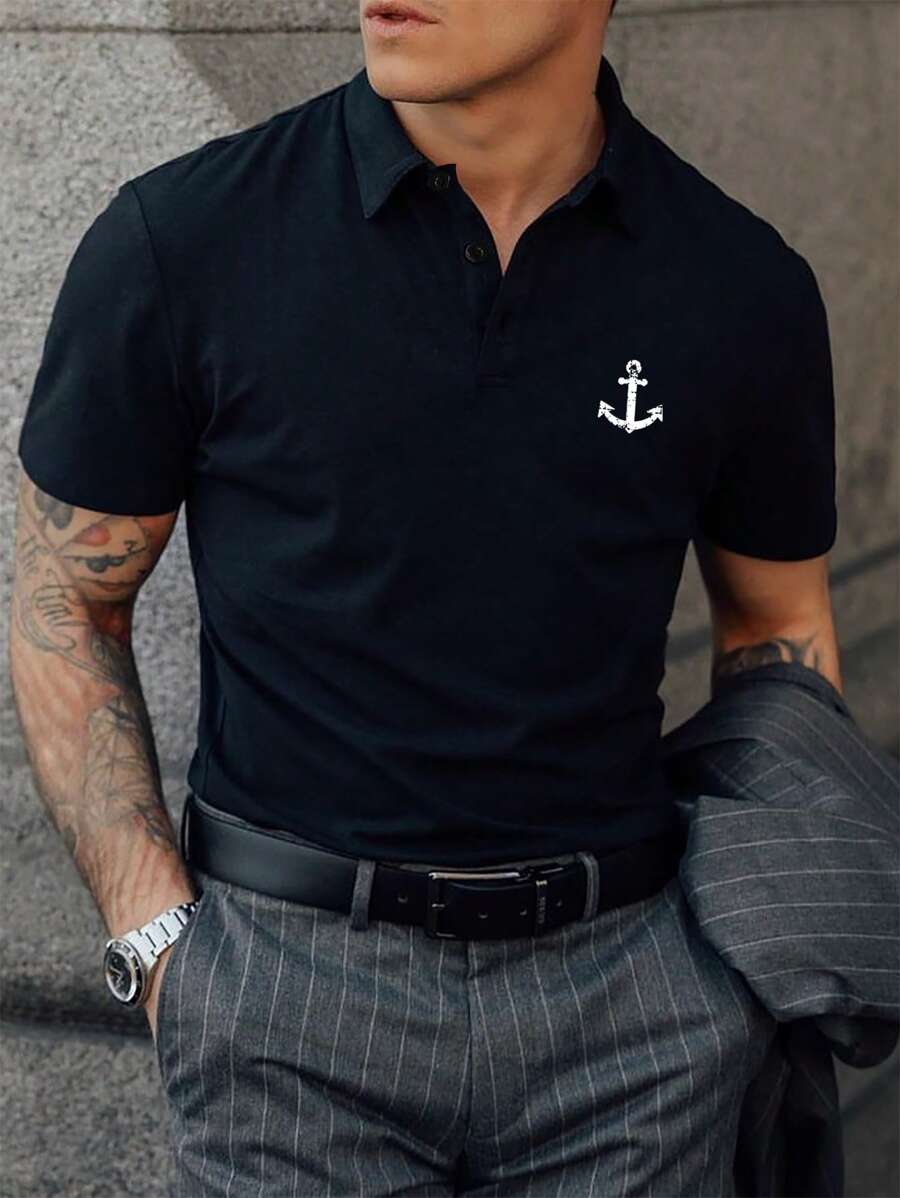 Manfinity Homme 男士船錨圖案POLO衫 - 黑色 - 查看 1