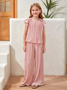 SHEIN Conjunto para niña preadolescente de blusa con mangas de mariposa y pantalones de piernas anchas - Rosa vieja - Ver 6