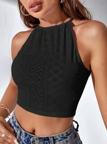 SHEIN Frenchy 素色露背繫帶繞頸短上衣 - 黑色 - 查看 1