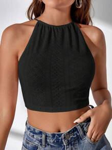 SHEIN Frenchy 素色露背繫帶繞頸短上衣 - 黑色 - 查看 3