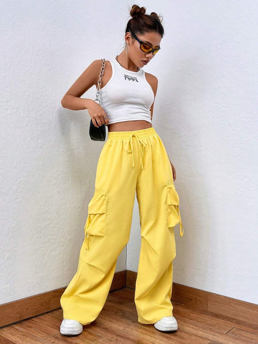 SHEIN Unity 側翻蓋口袋腰部抽繩工裝褲