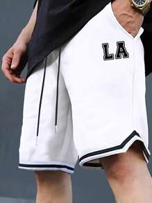 Aesthetic Post Lỏng lẻo phù hợp Nam Lá thư In Sọc trang trí Eo dây rút Quần short - trắng - Xem 3