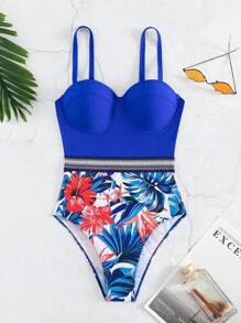 Phụ nữ một mảnh Ruy băng Nhiệt đới - Xanh đậm - Xem 5