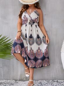 SHEIN Clasi Plus Graphic Print Tassel Tie Front Cami Dress - Multicolor - View 3