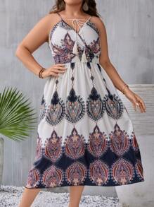 SHEIN Clasi Plus Graphic Print Tassel Tie Front Cami Dress - Multicolor - View 4