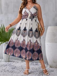 SHEIN Clasi Plus Graphic Print Tassel Tie Front Cami Dress - Multicolor - View 5