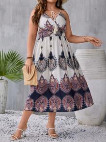 SHEIN Clasi Plus Graphic Print Tassel Tie Front Cami Dress - Multicolor - View 6