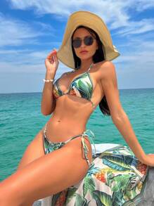 SHEIN Swim Tropical Print Halter Triangle Bikini Set With Beach Skirt,Summer Beach
