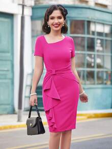 MUXXN 不對稱領側打結荷葉邊緊身洋裝 - 玫紅色 - 查看 4