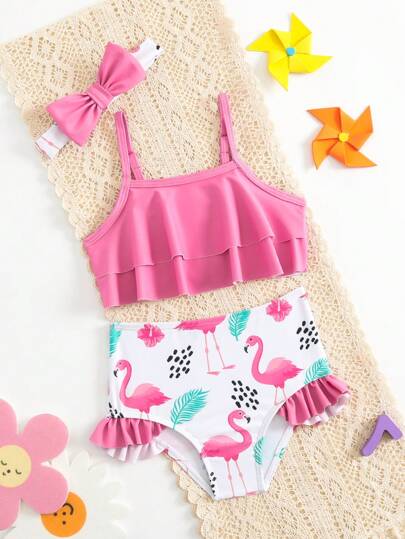 女嬰熱帶花卉印花泳衣三件套帶髮帶，夏季