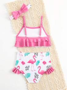 女嬰熱帶花卉印花泳衣三件套帶髮帶，夏季 - 彩色 - 查看 2