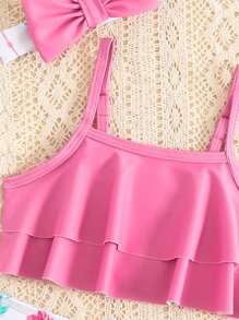 女嬰熱帶花卉印花泳衣三件套帶髮帶，夏季 - 彩色 - 查看 3