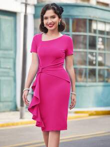 MUXXN 不對稱領側打結荷葉邊緊身洋裝 - 玫紅色 - 查看 7