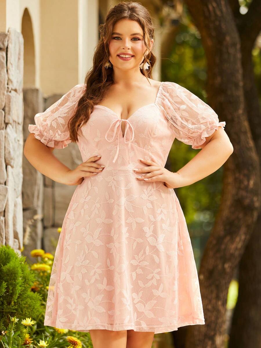 S BETRO 大碼雞心領口泡泡袖前打結連衣裙 - 粉色 - 查看 1