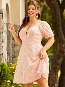 S BETRO 大碼雞心領口泡泡袖前打結連衣裙 - 粉色 - 查看 3