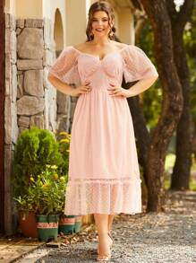 S BETRO Hơn Chấm Swiss Off Shoulder Xù Hoa Sen Đầm - Hồng - Xem 1