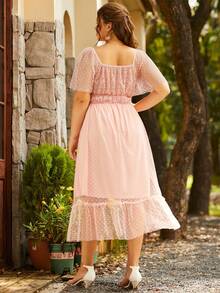 S BETRO Hơn Chấm Swiss Off Shoulder Xù Hoa Sen Đầm - Hồng - Xem 2