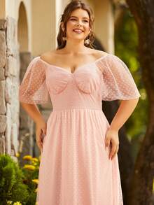 S BETRO Hơn Chấm Swiss Off Shoulder Xù Hoa Sen Đầm - Hồng - Xem 3