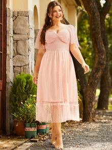 S BETRO Hơn Chấm Swiss Off Shoulder Xù Hoa Sen Đầm - Hồng - Xem 5