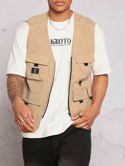 Homme Veste sans manches à applique lettre à poche à rabat en velours côtelé (sans t-shirt)