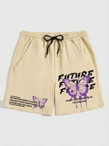 ROMWE MEN Street Life Quần Short Nam Dây kéo Túi Thắt nơ trước Slogan Loại bướm Giải trí - Màu Khaki - Xem 1