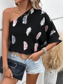 SHEIN LUNE 羽毛印花單肩蝙蝠袖襯衫 - 彩色 - 查看 1