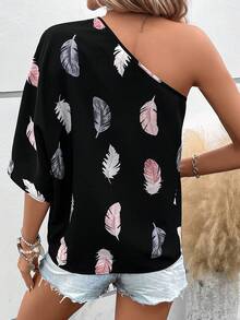 SHEIN LUNE 羽毛印花單肩蝙蝠袖襯衫 - 彩色 - 查看 2