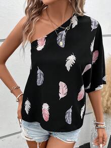 SHEIN LUNE 羽毛印花單肩蝙蝠袖襯衫 - 彩色 - 查看 3