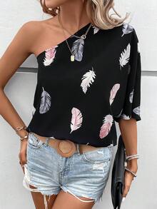 SHEIN LUNE 羽毛印花單肩蝙蝠袖襯衫 - 彩色 - 查看 4